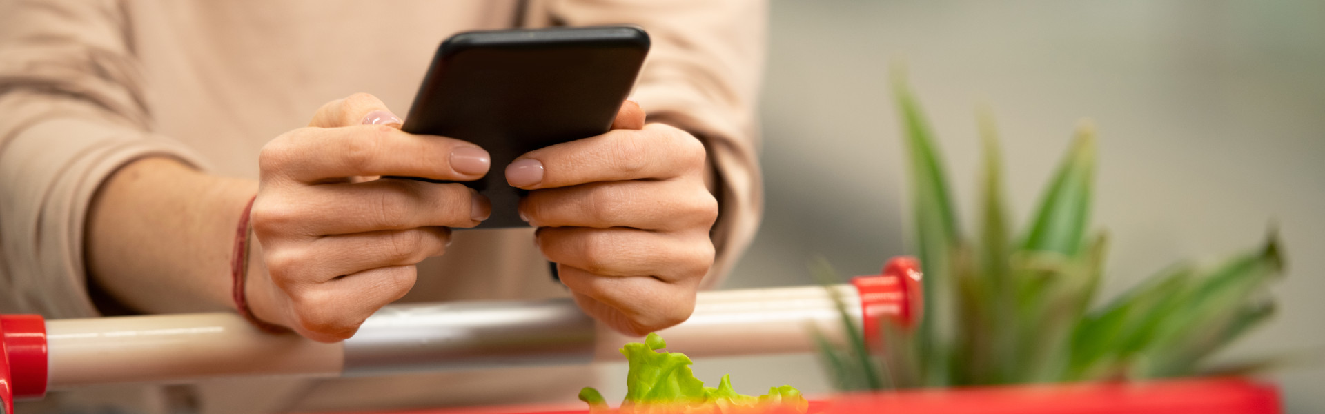 Kundin mit Einkaufswagen am Handy